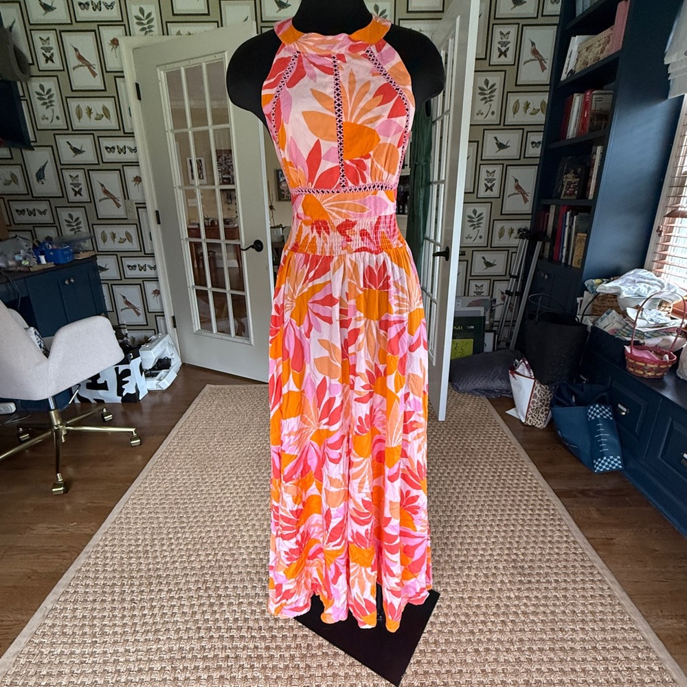 Pink and Orange Backless Halter Sundress